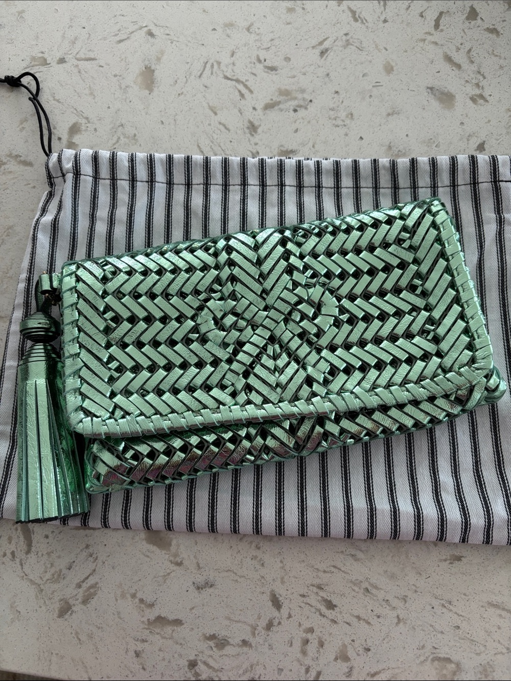 ANYA HINDMARCH Pistachio Green Metallic Neeson Tasseled Clutch Bag - Picture 2 of 10